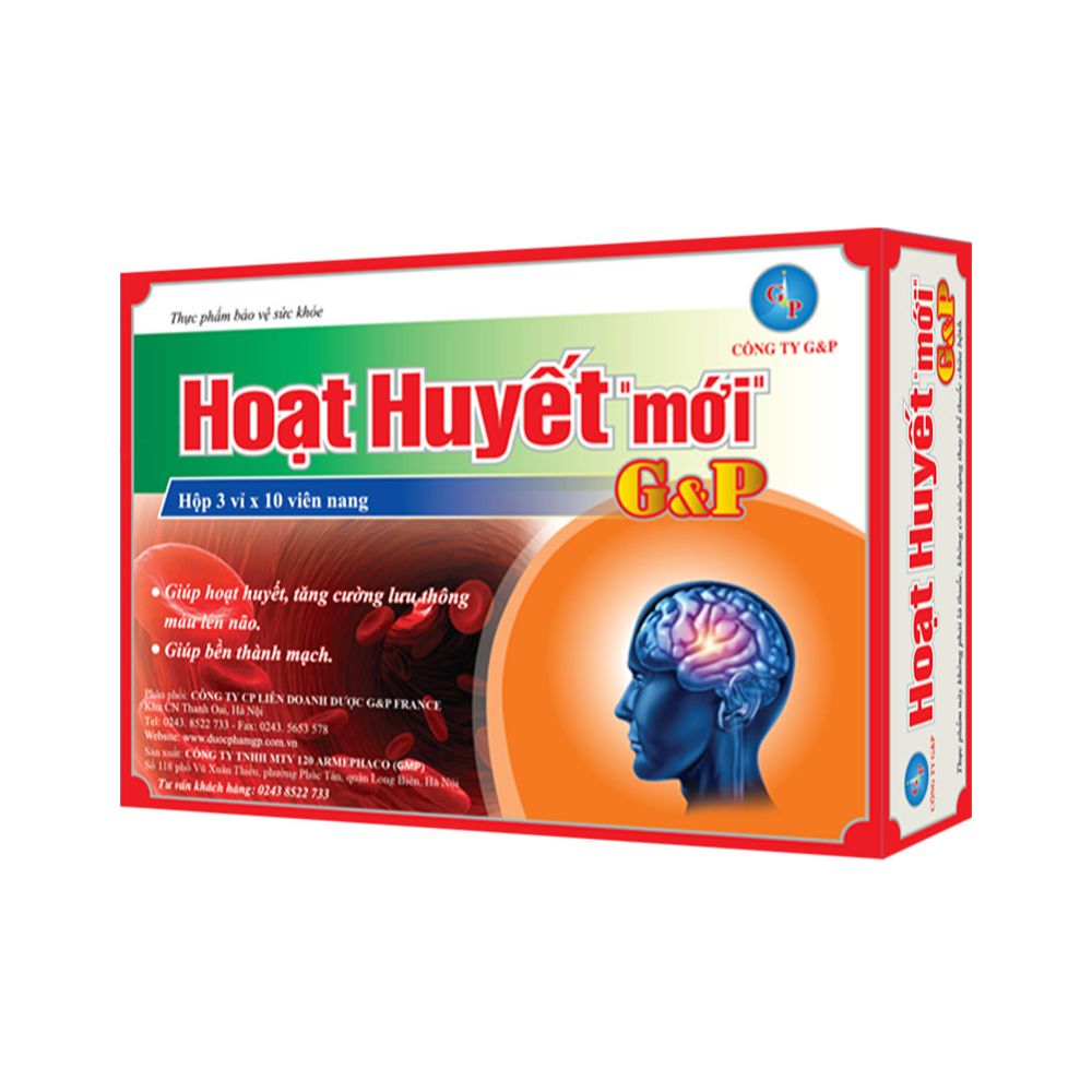 Hoạt Huyết Mới GP là sản phẩm kết hợp tối ưu từ các thành phần thảo dược tự nhiên như: Cao bạch quả (Ginkgo biloba extract), Cao việt quất (Bluberry extract), Đương quy, Đinh lăng,…Hỗ trợ hoạt huyết, tăng cường tuần hoàn máu não, rối loạn, tiền đình, hỗ trợ các biển hiện do thiểu năng tuần hoàn não, giảm di chứng sau tai biến mạch máu não do tắc mạch, giúp bền thành mạch.