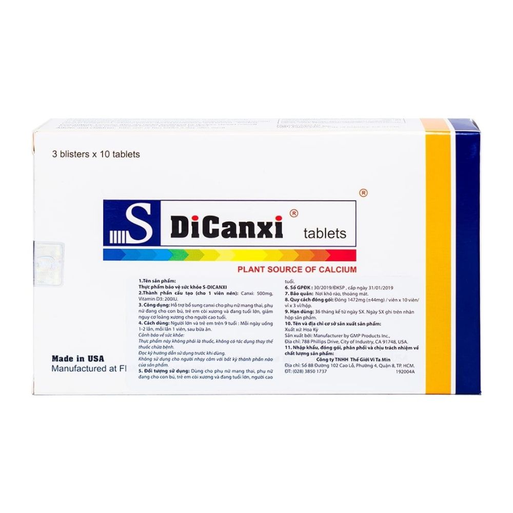 Viên uống S DiCanxi USV Pharma là một sản phẩm hỗ trợ bổ sung canxi, được thiết kế để cung cấp canxi cần thiết cho cơ thể nhằm duy trì xương và răng chắc khỏe, đặc biệt ở các đối tượng có nhu cầu cao như trẻ em trong độ tuổi phát triển, phụ nữ mang thai và cho con bú, người lớn tuổi, và những người bị thiếu hụt canxi.
