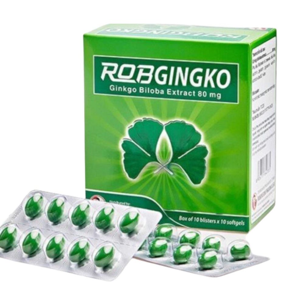 Sản phẩm Robgingko với thành phần chính gingko biloba có tác dụng hỗ trợ hoạt huyết, tăng cường tuần hoàn máu não, lưu thông máu, cải thiện triệu chứng suy tuần hoàn.