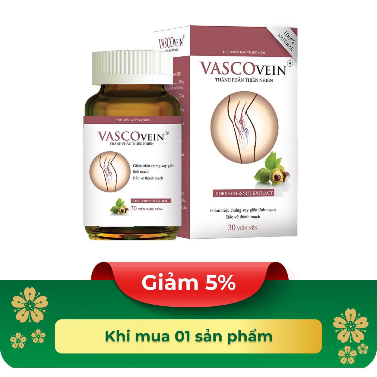 Viên uống Vascovein hỗ trợ giảm triệu chứng suy giãn tĩnh mạch hộp (30 viên)