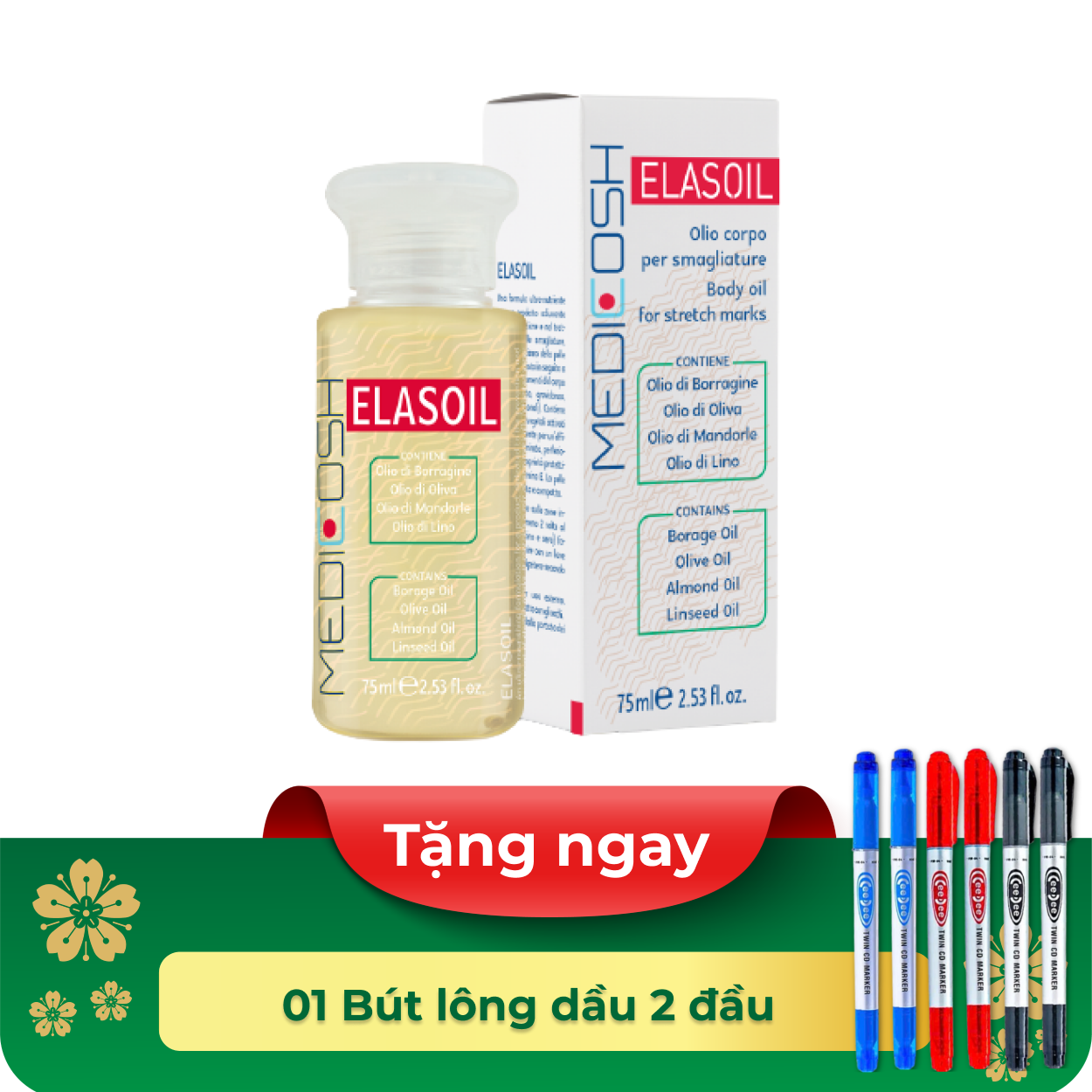 Dầu dưỡng Medicosh Elasoil giúp dưỡng ẩm, giảm rạn và đều màu da (chai 75ml)