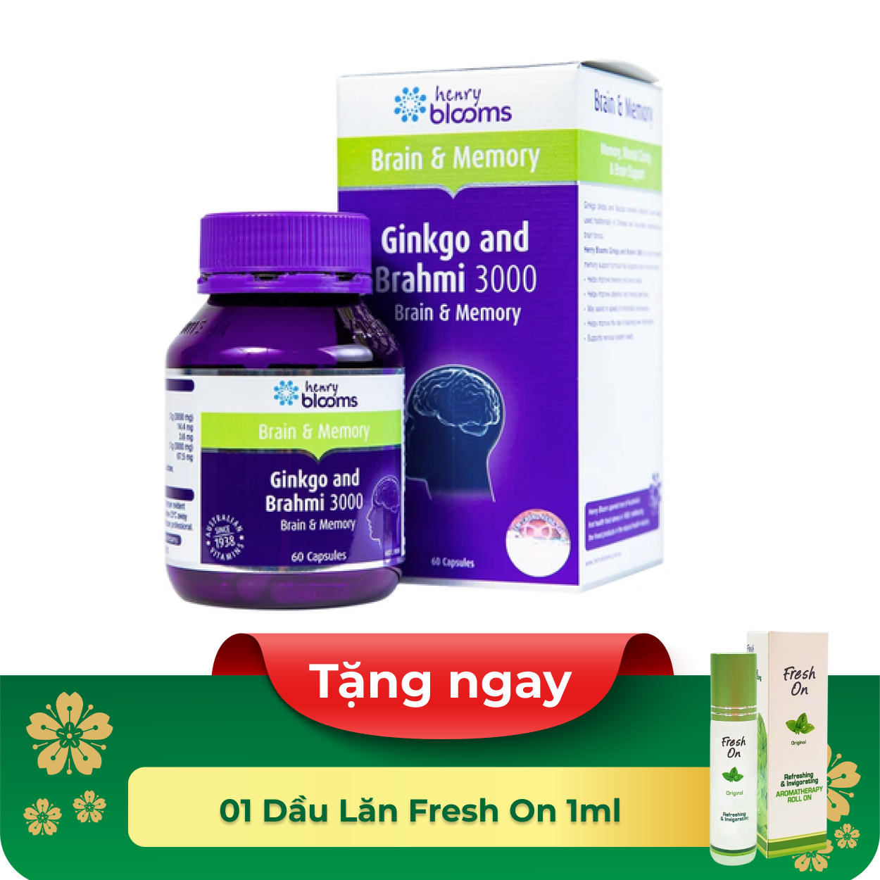 Thực phẩm bảo vệ sức khỏe Ginkgo and Brahmi 3000 (Hộp 60 viên)