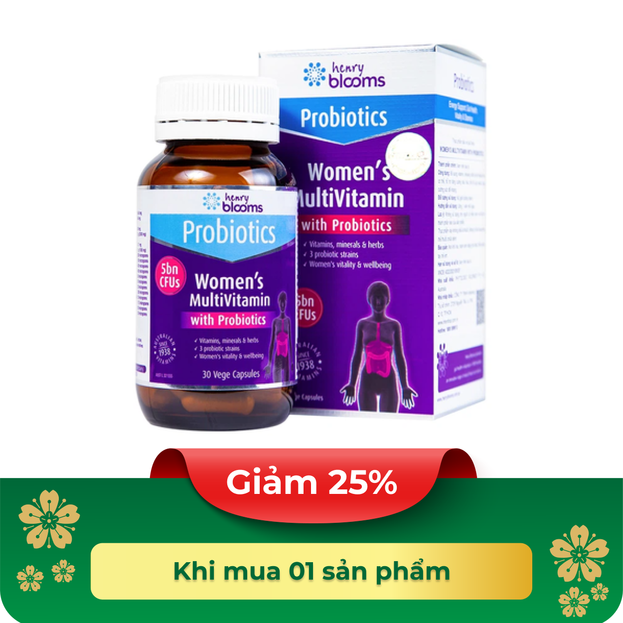 Thực phẩm bảo vệ sức khoẻ Women's Multivitamin With Probiotics Henry Blooms Hộp 30 viên