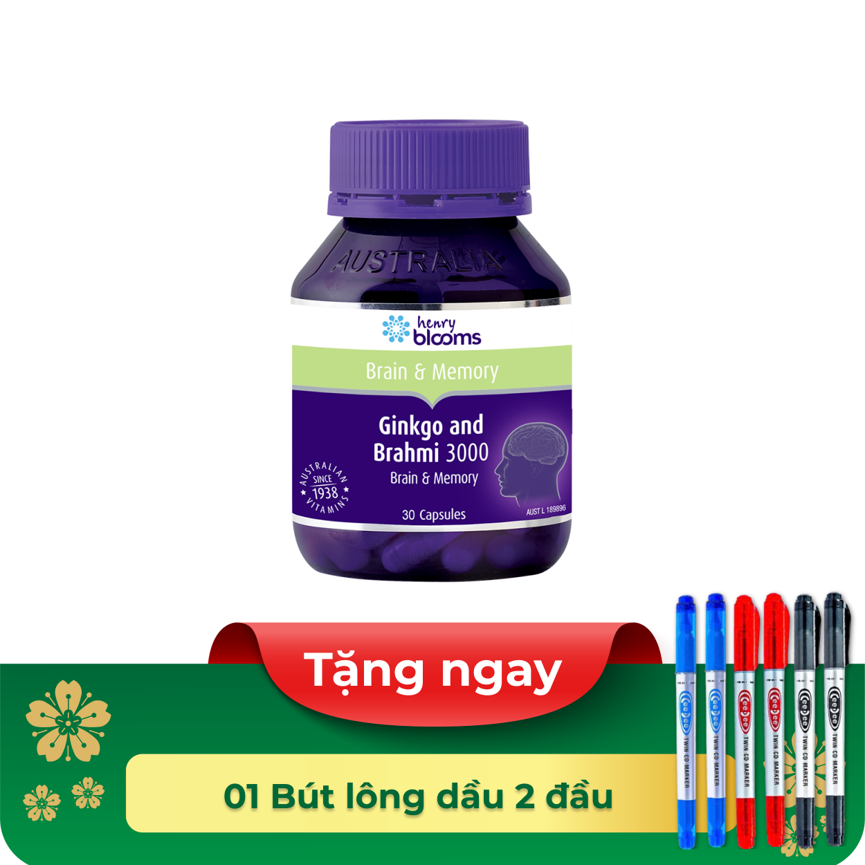 Viên uống Ginkgo And Brahmi 3000 Henry Blooms hỗ trợ hoạt huyết (Hộp 30 viên)