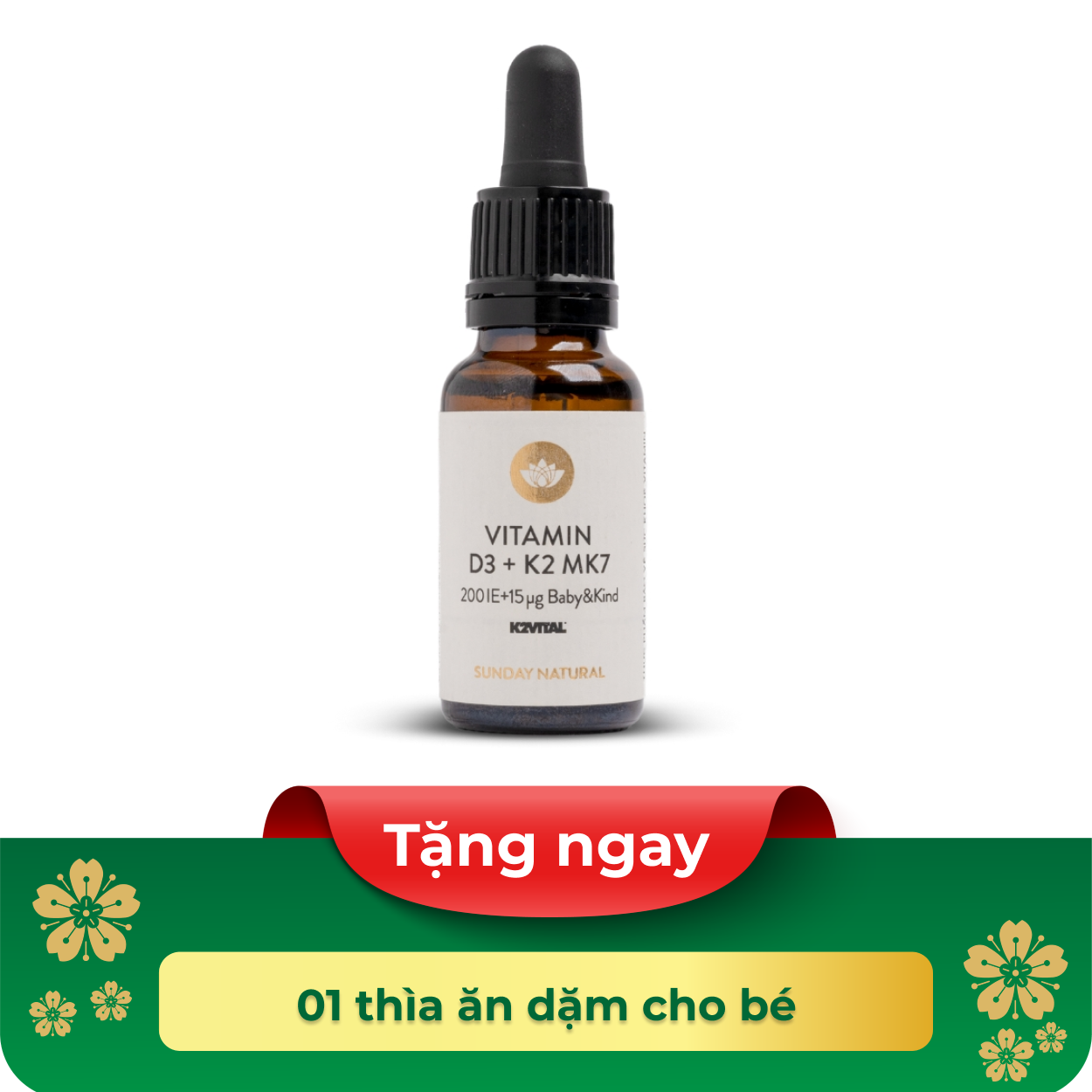 Thực phẩm bảo vệ sức khoẻ VITAMIN D3 + K2 MK7 200 IE + 15µg Baby&Kind - Sunday Natural