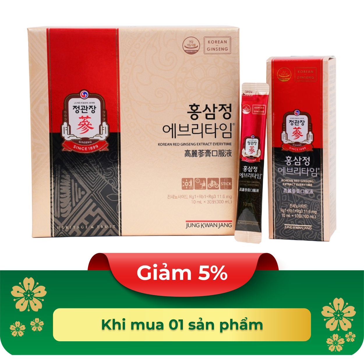 Thực phẩm bảo vệ sức khoẻ Korean Red Ginseng Extract Everytime (Tinh chất hồng sâm pha sẵn) - Hộp 30 gói