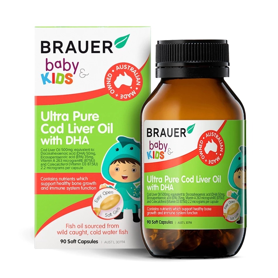 Viên uống Brauer Ultra Pure Cod Liver Oil With DHA giúp phát triển xương cho bé (90 viên)