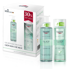 Combo Eucerin tẩy trang Pro Acne Micellar Water (200Ml) + gel rửa mặt Pro Acne Cleansing Gel (200Ml) giảm dầu nhờn, làm sạch cho da mụn
