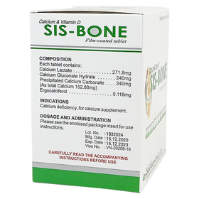 Thuốc Sis-bone – Bổ sung canxi, hỗ trợ phòng và điều trị tình trạng loãng xương (10 vỉ x 10 viên)