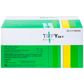 Thuốc Tiffy Dey điều trị cảm cúm, nghẹt mũi, sổ mũi (Hộp 25 vỉ x 4 viên)