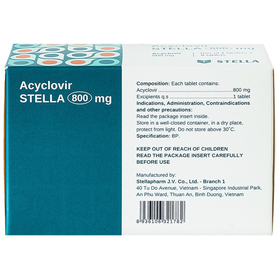 Thuốc Acyclovir Stella 800mg điều trị nhiễm virus Herpes Simplex (7 vỉ x 5 viên)
