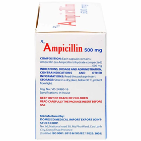 Thuốc Ampicillin 500mg điều trị các trường hợp nhiễm khuẫn (10 vỉ x 10 viên)