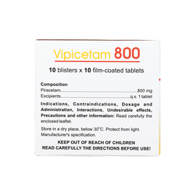 Thuốc điều trị các triệu chứng chóng mặt, đột quỵ Vipicetam 800 Hassan (10 vỉ x 10 viên)