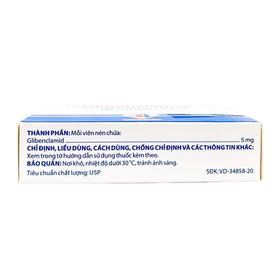 Thuốc Glibenclamid điều trị đái tháo đường type 2 (hộp 5 vỉ x 20 viên)
