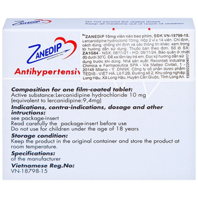 Thuốc Zanedip 10mg điều trị tăng huyết áp vô căn (2 vỉ x 14 viên)