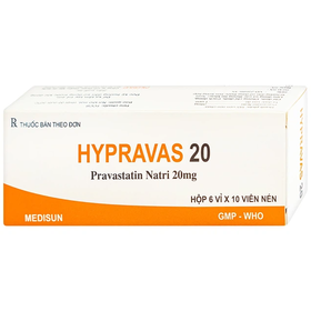 Thuốc Hypravas 20 Medisun điều trị tăng cholesterol máu, xơ vữa động mạch (6 vỉ x 10 viên)