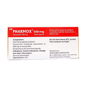 Thuốc Pharmox 500mg điều trị các trường hợp nhiễm khuẩn (10 vỉ x 10 viên)