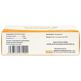 Thuốc Hypravas 20 Medisun điều trị tăng cholesterol máu, xơ vữa động mạch (6 vỉ x 10 viên)