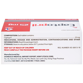 Thuốc Captopril 25mg điều trị tăng huyết áp, suy tim, nhồi máu cơ tim (10 vỉ x 10 viên)