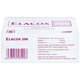 Thuốc Elacox 200 điều trị triệu chứng thoái hoá khớp, viêm khớp dạng thấp cấp hay mạn tính (10 vỉ x 10 viên)