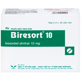 Thuốc Biresort 10 Bidiphar phòng và điều trị cơn đau thắt ngực, suy tim sung huyết (3 vỉ x 20 viên)