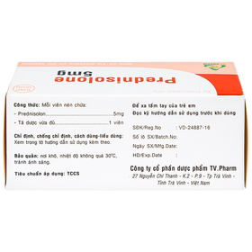 Thuốc Prednisolone 5mg TV.Pharm chống viêm, chống dị ứng và ức chế miễn dịch (10 vỉ x 20 viên)