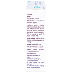 Thuốc nhỏ mắt Lumigan 0.01% Allergan giảm tăng áp suất nội nhãn (3ml)