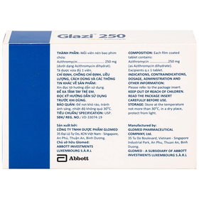 Thuốc Glazi 250 điều trị viêm xoang cấp, viêm tai giữa cấp, viêm họng, viêm amidan (2 vỉ x 6 viên)