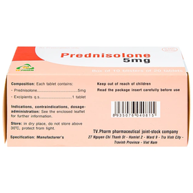 Thuốc Prednisolone 5mg TV.Pharm chống viêm, chống dị ứng và ức chế miễn dịch (10 vỉ x 20 viên)