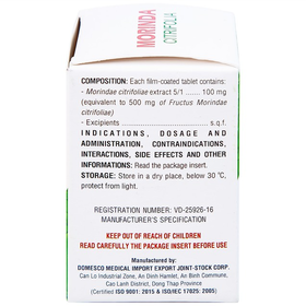 Thuốc Morinda Citrifolia Domesco điều trị đau nhức, sưng khớp, tăng huyết áp (50 viên)