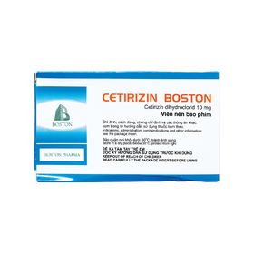 Thuốc Cetirizin Boston 10mg giảm triệu chứng viêm mũi dị ứng, mày đay (10 vỉ x 10 viên)