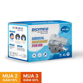Khẩu trang y tế 4 lớp kháng khuẩn Biomeq Baby ngăn giọt bắn, khí thải, bụi mịn an toàn cho bé (hộp 50 cái)