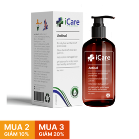 Dầu gội Antisol iCare Pharma hỗ trợ loại bỏ các mảng da chết, gàu, cân bằng pH cho da dầu (Chai 240ml)