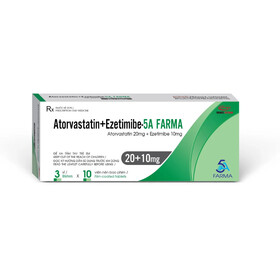 Atorvastatin Ezetimibe 5A Farma 20+10mg là thuốc kết hợp giảm cholesterol (Hộp 3 vỉ x 10 viên)
