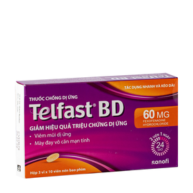 Thuốc Telfast BD 60mg Sanofi điều trị mày đay vô căn mạn tính, trị viêm mũi dị ứng (3 vỉ x10 viên)
