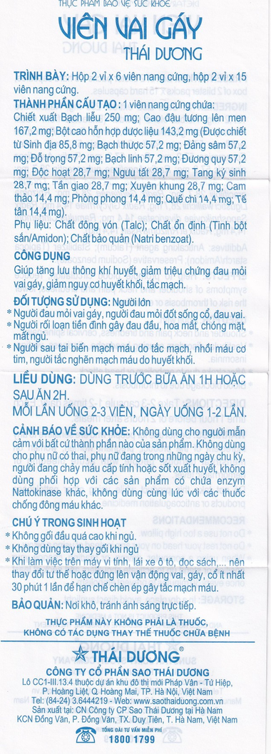 Thực phẩm bảo vệ sức khỏe Viên Vai Gáy Thái Dương (Hộp 2 Vỉ x 15 viên)