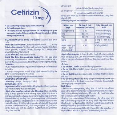 Thuốc Cetirizin 10mg hỗ trợ điều trị viêm mũi dị ứng, mày đay