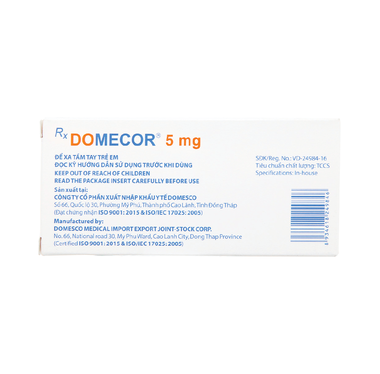 Thuốc Domecor 5mg Domesco điều trị tăng huyết áp, đau thắt ngực, suy tim mạn tính ổn định (3 vỉ x 10 viên)