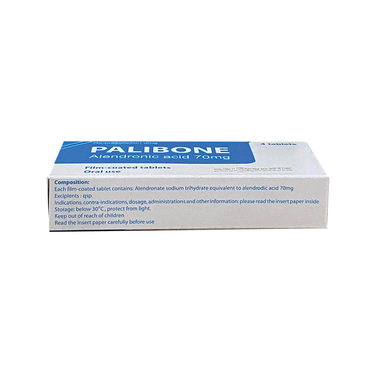 Thuốc Palibone 70mg có chứa thành phần chính là Natri alendronat trihydrat, tác dụng điều trị loãng xương (  1 vỉ x 4 viên )