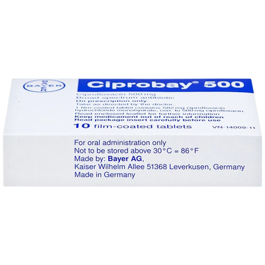 Thuốc Ciprobay 500 trị nhiễm khuẩn (1 vỉ x 10 viên)