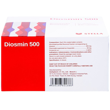 Thuốc Diosmin 500mg trị trĩ, suy giãn tĩnh mạch (6 vỉ x 10 viên)