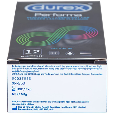 Bao cao su Durex Performa có gel bôi trơn giúp kéo dài thời gian (12 cái)