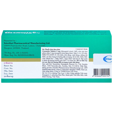 Thuốc Gasmotin 5mg trị triệu chứng dạ dày, ruột (3 vỉ x 10 viên)