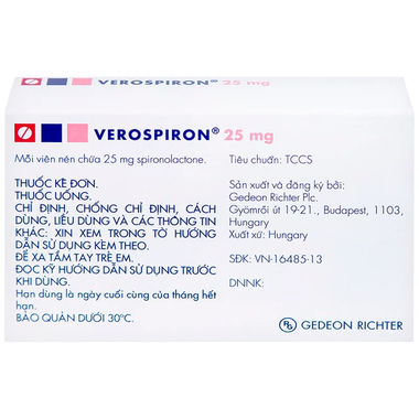Thuốc Verospiron 25mg trị phù, tăng huyết áp (1 vỉ x 20 viên)