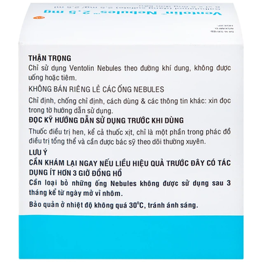 Dung dịch khí dung Ventolin Nebules 2.5mg điều trị hen phế quản (6 vỉ x 5 ống)