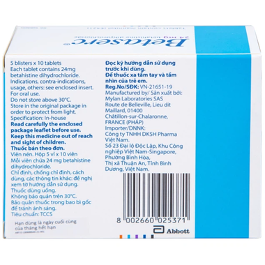 Thuốc Betaserc 24mg Abbott điều trị rối loạn tiền đình, chóng mặt (50 viên)