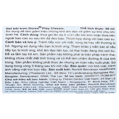 Gel bôi trơn Durex Play Classic hỗ trợ giảm sự khó chịu trong khi quan hệ (50ml)