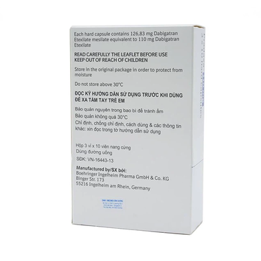 Thuốc Pradaxa 110mg Boehringer phòng ngừa tai biến, đột quỵ (30 viên)