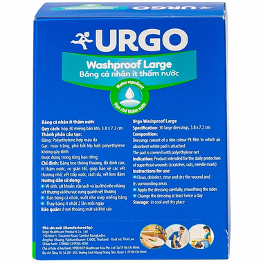 Băng cá nhân ít thấm nước Urgo Waterproof Large bảo vệ vết thương khỏi nước (30 cái)