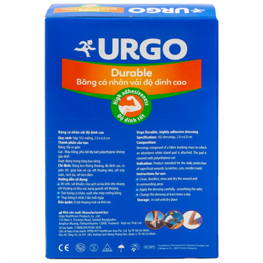 Băng cá nhân vải độ dính cao Urgo Durable dùng để bảo vệ vết thương (102 miếng)